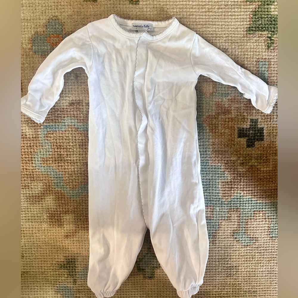 Magnolia Baby - White with gray border onesie. Newborn.